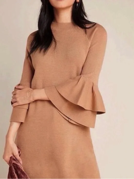 Women's Anthropologie Claudette Camel Bell-Sleeve Shift Dress - Picture 1 of 4